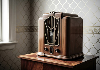 Vintage 1920s Art Deco Radio on a Table with Geometric Wallpaper