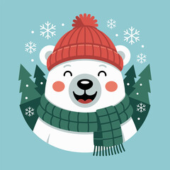 Polar bear face with red beanie green scarf, winter forest, snowflakes, cute Christmas vector, greeting card
