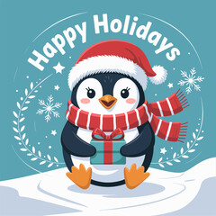 Happy holidays penguin, Santa hat and striped scarf, laurel frame, snowflakes, cheerful winter card, cute vector illustration