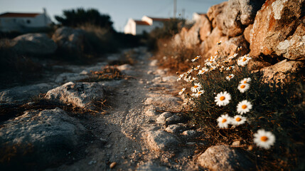 White flowers growing near a stone wall in a Mediterranean setting.