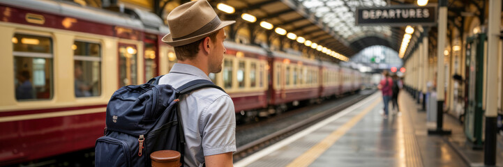 A banner with the image of a tourist standing on the platform of the railway station. A banner with space for the text.