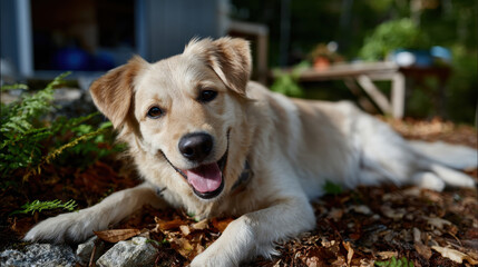 A happy golden retriever dog lounging on a bed of leaves, showcasing its friendly demeanor while surrounded by lush greenery and a serene natural background.