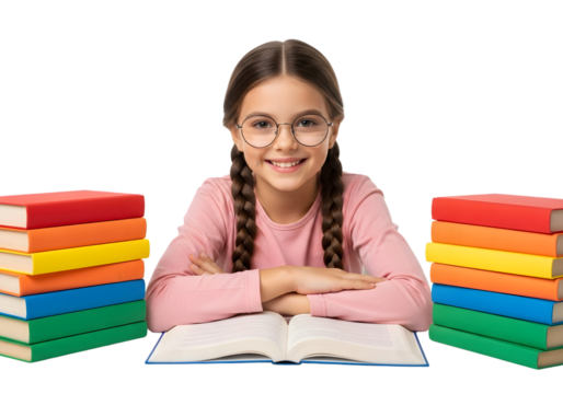 Smiling young girl in glasses with braided hair, engaged with an open book, flanked by colorful stacks, symbolizing a cheerful approach to education and knowledge