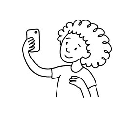 Fototapeta premium Doodle line comic style vector illustration African girl with curly hair taking selfie with smartphone black outline simple imperfect lines minimal details isolated on white