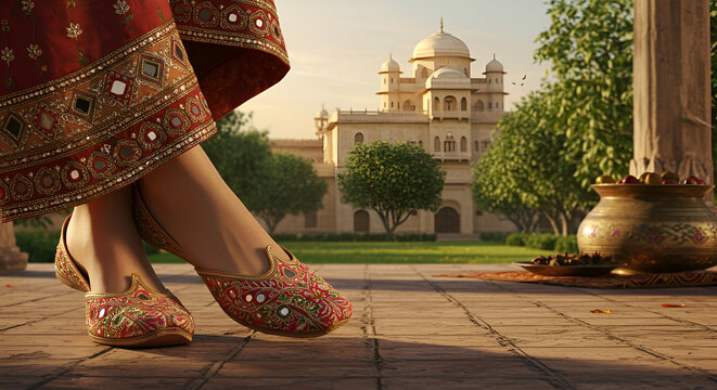 Elegance in Tradition: Intricate Jutti Shoes with a Majestic Building Backdrop