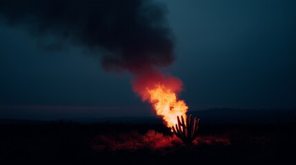 A cactus silhouette stands vividly against a burning fire with smoke, set in a dramatic nighttime desert scene.