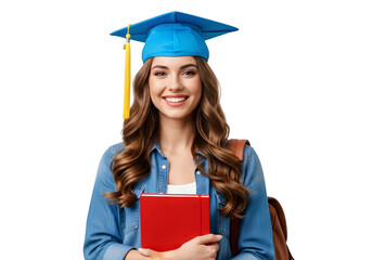 Cheerful young female graduate celebrating academic success with a bright smile, holding a book, ready for future opportunities and an inspiring educational journey