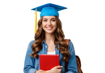 Cheerful young female graduate celebrating academic success with a bright smile, holding a book, ready for future opportunities and an inspiring educational journey