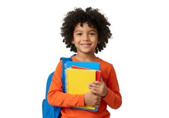 Happy young diverse schoolboy, smiling and ready for school. Child holds colorful books and wears a backpack, standing against a clean white background, eager for learning