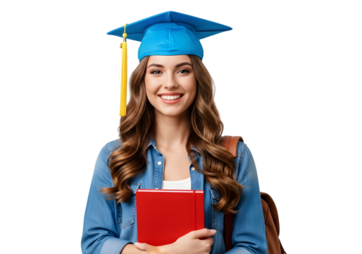 Cheerful young female graduate celebrating academic success with a bright smile, holding a book, ready for future opportunities and an inspiring educational journey