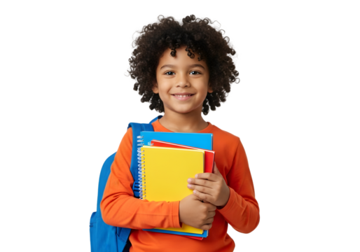 Happy young diverse schoolboy, smiling and ready for school. Child holds colorful books and wears a backpack, standing against a clean white background, eager for learning