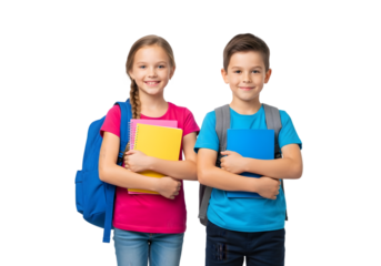 Cheerful primary school students, a young boy and girl, with backpacks and textbooks, enthusiastically ready for their educational journey and bright future learning