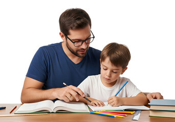 Caring adult patiently assisting a young, bright boy with his studies and homework, guiding him through educational tasks, fostering a love for learning and intellectual development