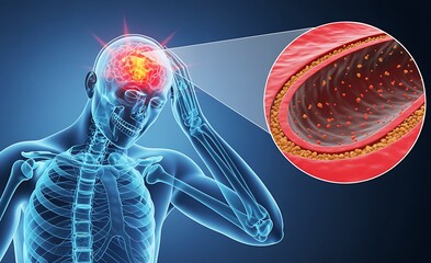 Stroke Medical Illustration Showing a Clogged Artery and Brain Damage with Headache and Pain Awareness