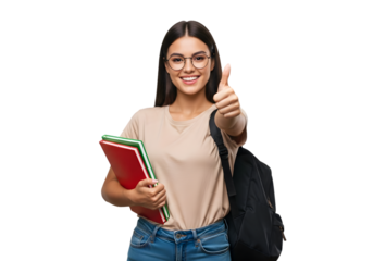 Happy and confident young female student with glasses giving a thumbs-up, ready for academic success and a bright future in education