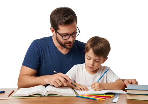 Caring adult patiently assisting a young, bright boy with his studies and homework, guiding him through educational tasks, fostering a love for learning and intellectual development