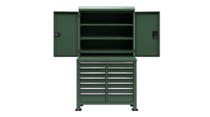 Png of A sturdy green metal tool cabinet with two open doors and multiple drawers, perfect for organizing tools.