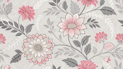 Elegant floral seamless pattern featuring stylized dahlias and foliage in shades of pink gray and white designed for decorative backgrounds.