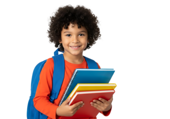 Cheerful young elementary school student with a blue backpack and colorful textbooks, radiating the joy and excitement of learning and academic preparation