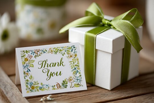 Cream colored gift box showcasing olive ribbon and plant gratitude card

