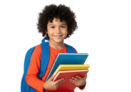 Cheerful young elementary school student with a blue backpack and colorful textbooks, radiating the joy and excitement of learning and academic preparation