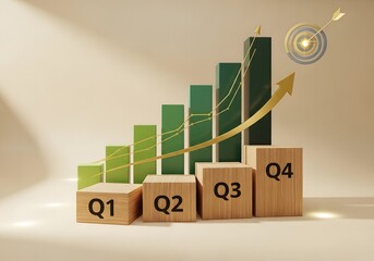 Rising green bar chart with quarter blocks and upward arrow symbolizing business growth and success
