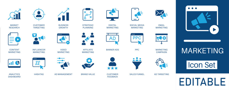 Marketing icon set. Collection of business strategy, advertising, Customer Targeting, Analytics, Influencer Marketing, PPC Campaign, and digital marketing symbols. Flat vector illustration.