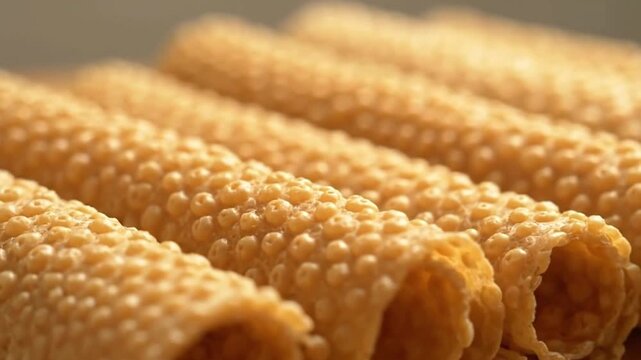 Closeup of rows of cylindershaped textured food items possibly fried dough in a warm goldenbrown hue