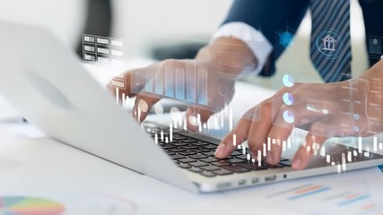 Person in business attire using a laptop, overlaid with financial data visualizations - Powered by Adobe