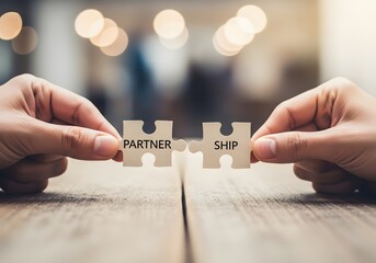 Two hands carefully connect puzzle pieces spelling out the word partnership symbolizing collaboration and teamwork