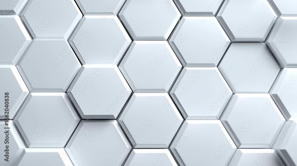 Poster hexagonal panels with soft illumination create a modern design aesthetic. clean, white background en