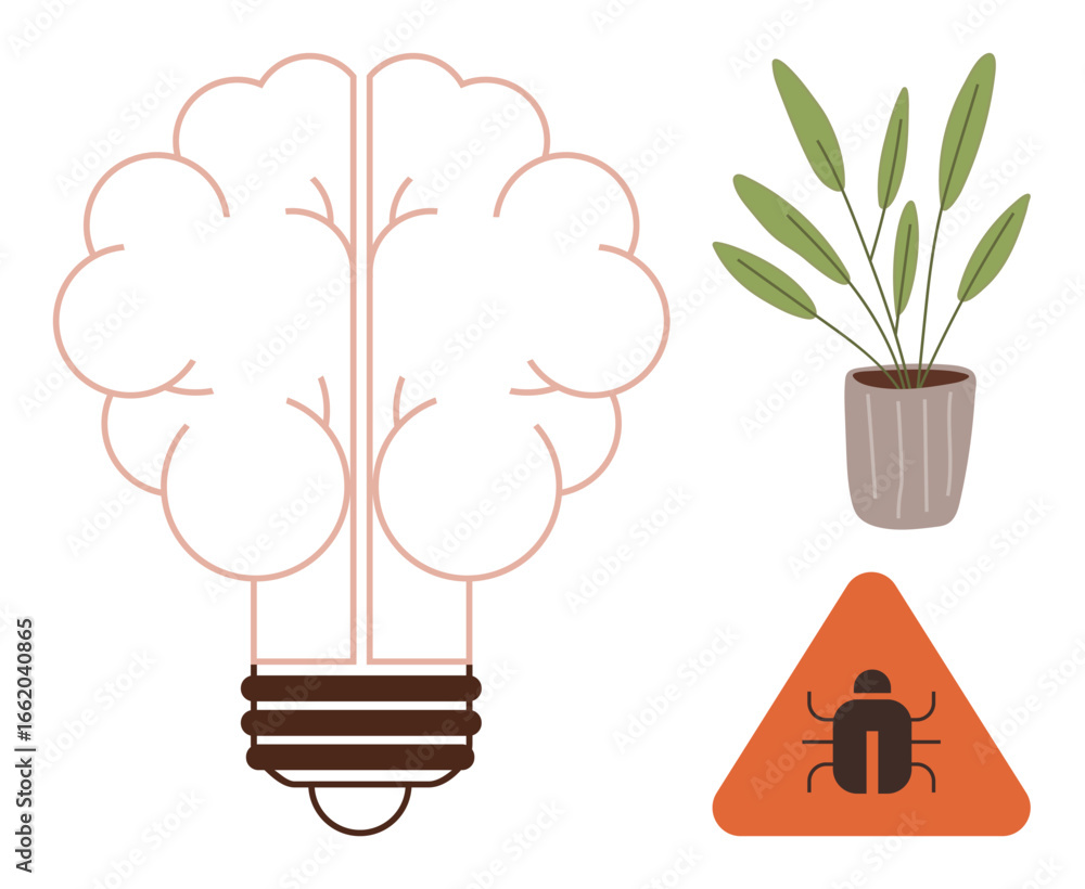 Poster brain-shaped lightbulb for creativity, triangular bug warning for errors, and potted greenery for gr