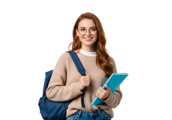 Happy young woman with red hair and glasses, holding a notebook and carrying a backpack, smiling brightly with a positive attitude, ready for her studies or an active day, isolated on white