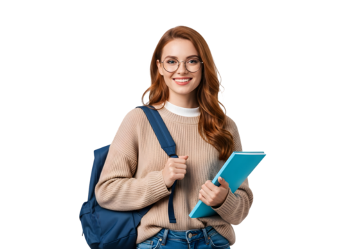Happy young woman with red hair and glasses, holding a notebook and carrying a backpack, smiling brightly with a positive attitude, ready for her studies or an active day, isolated on white