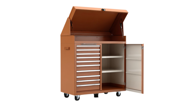 Png of Storage cabinet with an open lid, showcasing organized shelves and drawers, ideal for workshops and garages.