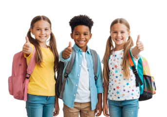 Diverse group of enthusiastic young students smiling brightly with backpacks, giving a thumbs-up gesture, symbolizing academic readiness and a positive start to their school journey