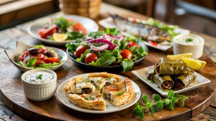 Traditional Greek dishes - salad, meze, pie, fish, tzatziki, dolma on the set table.