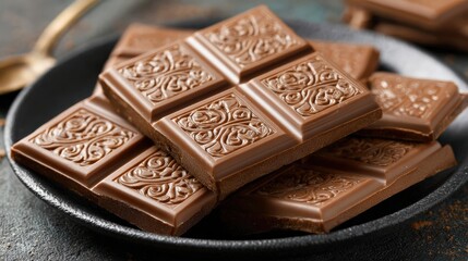 Close up of decorative chocolate bars on a dark plate