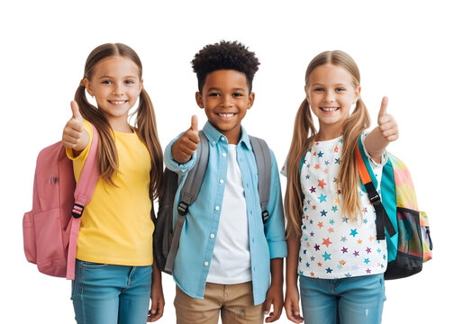 Diverse group of enthusiastic young students smiling brightly with backpacks, giving a thumbs-up gesture, symbolizing academic readiness and a positive start to their school journey