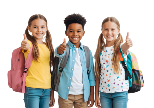 Diverse group of enthusiastic young students smiling brightly with backpacks, giving a thumbs-up gesture, symbolizing academic readiness and a positive start to their school journey