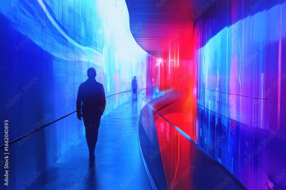 Poster person walks in color changing tunnel with modern lighting and unique architecture