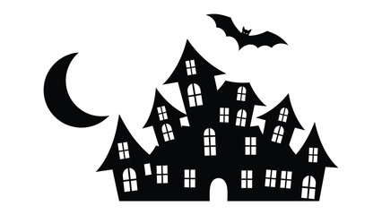 Spooky Mansion Silhouette: A silhouette of a haunted mansion, complete with crooked windows and a bat and moon, evokes the eerie atmosphere of a Halloween night.