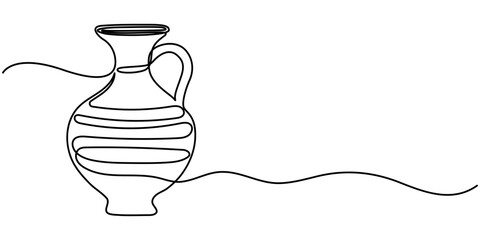 Obraz premium Clay brown jug continuous one line drawing, one line drawing of clay jug, antique jug icon. single line vector. 