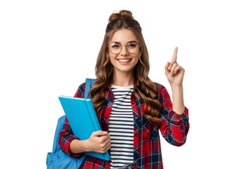 Bright-eyed young female student with glasses and a backpack points upwards, confidently sharing a new idea or insightful academic concept for a successful future