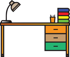 Minimalist Cartoon Office Desk Illustration with Lamp, Books & Pens