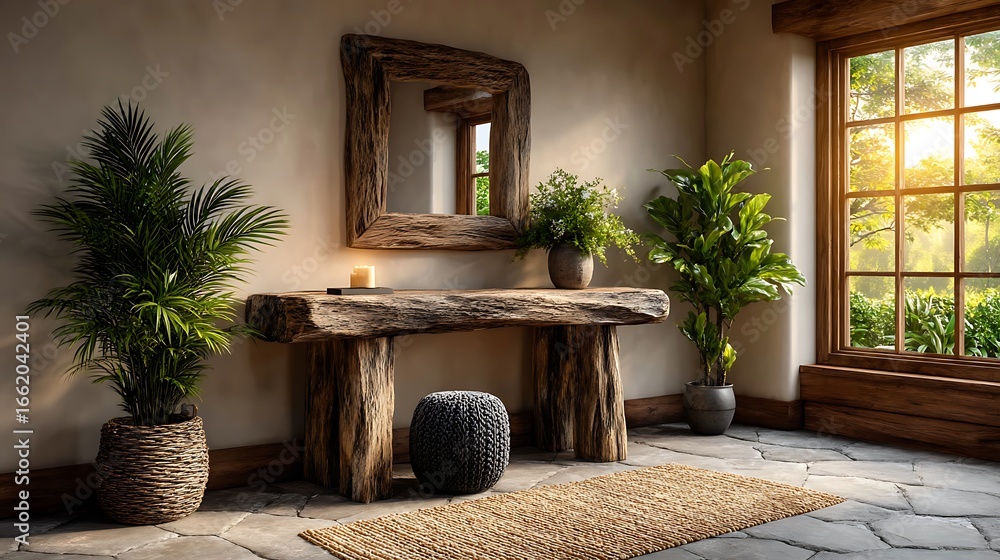 Poster a realistic high-definition photo of a hallway with console table and statement mirror.