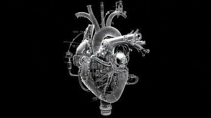 Shiny, mechanical human heart with intricate tubes and valves on a black background