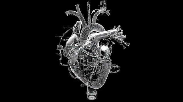 Shiny, mechanical human heart with intricate tubes and valves on a black background