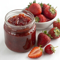 Sweet strawberry jam in a glass jar, topped with fresh ripe strawberries.