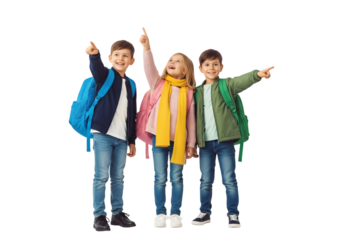 Excited young learners with backpacks point towards an unseen future, symbolizing the wonder and potential within childhood education as they embark on their academic journey